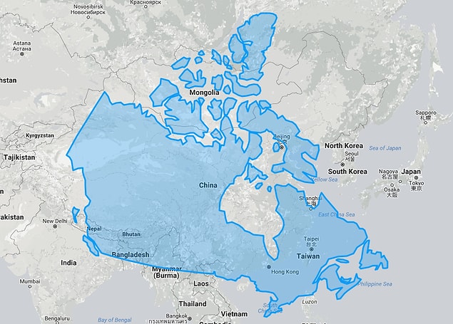 Comparison of China and Canada. Although it is actually big, we can see that Canada looks much bigger because it's on the top.