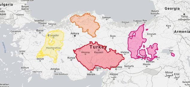 These are the European countries that can easily fit in Turkey. Netherlands (yellow), Belgium (orange), Czech (red), and Denmark (pink).