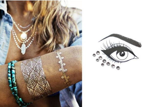 That old “flash tattoo” trend was replaced with these shiny face accessories.