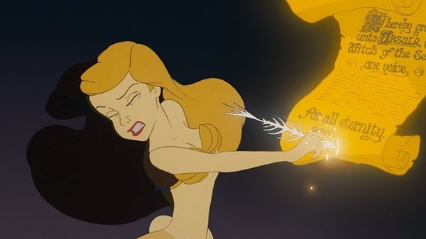 1. Мы все знаем, что Ариэль умеет читать и писать, так как она подписывает контракт Урсулы. Тогда почему бы ей не найти в замке пергамент и перо и объяснить свои чувства принцу Эрику на бумаге?