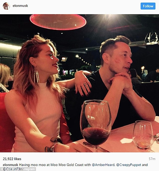 Elon Musk shared a fun Instagram picture of them at dinner in Australia with her lipstick on his cheek.