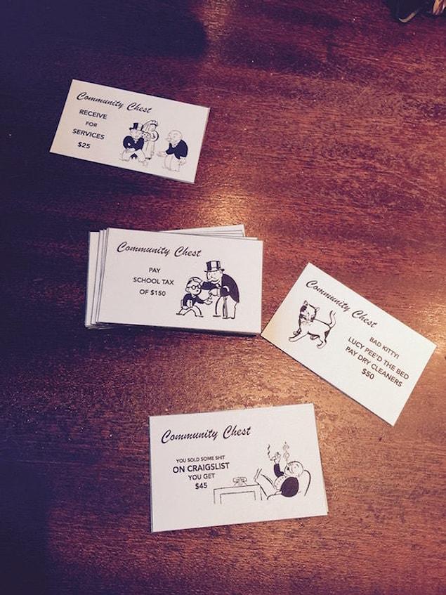 …along with Chance and Community Chest cards he printed out on stock paper.