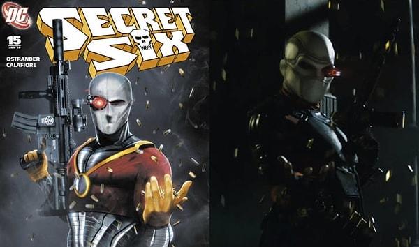 2. Deadshot, tanıtımı sırasında 'Secret Six' adlı çizgi romanın 15. sayısının kapağında giydiği kıyafetleri giyiyor.