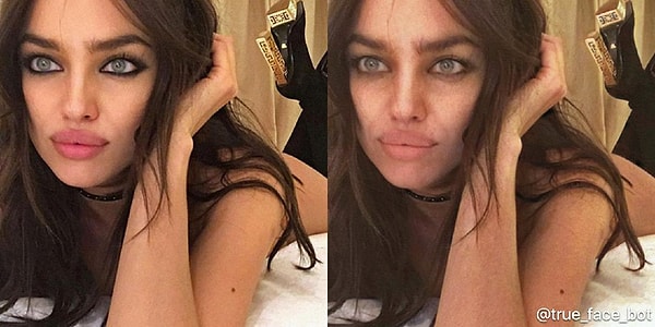 2. А парень сможет увидеть, как выглядит понравившаяся ему девушка без штукатурки, лишь загрузив ее фото в бот. Это, например, Ирина Шейк: