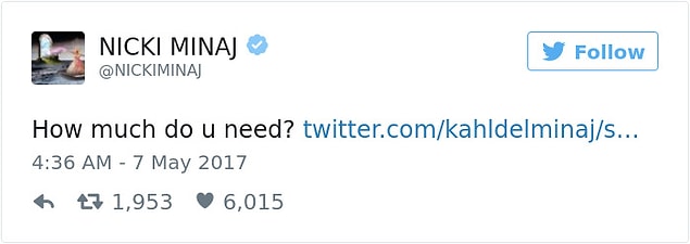 Nicki sadece "Ne kadar lazım?" diyerek sözünün arkasında duracağını belli etti.