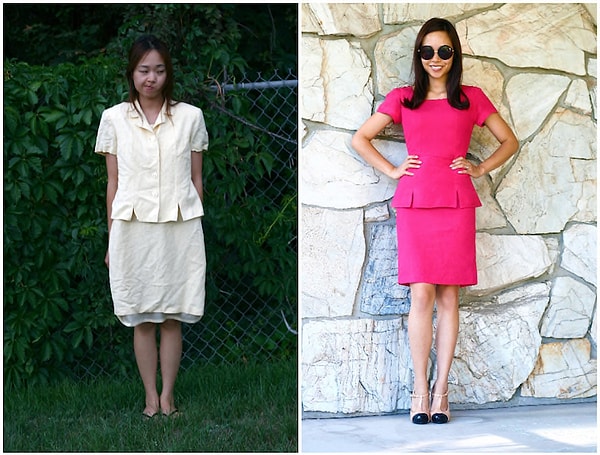 8. Никогда не подумаешь, что яркое розовое платье справа когда-то было выцветшим желтым костюмом слева.