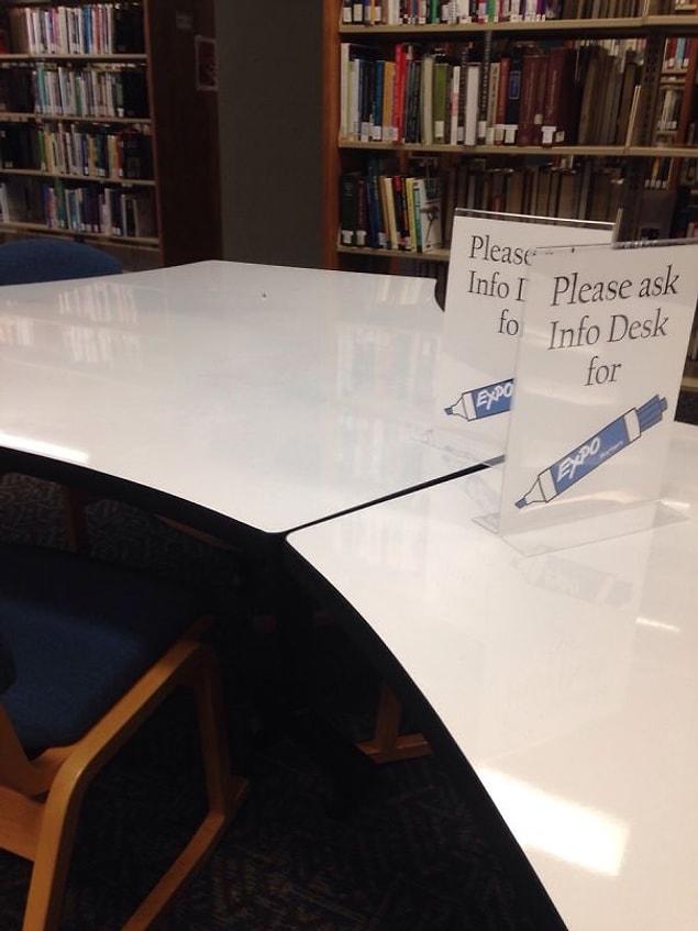 29. This college has white board tables in the library.