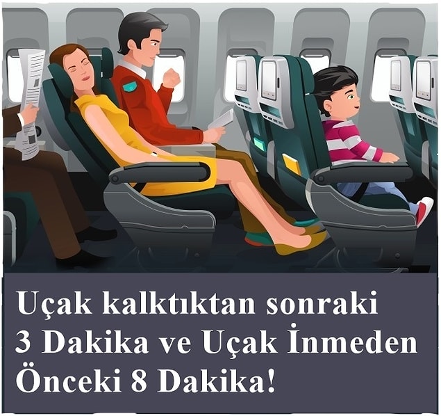 11. Kalkıştan sonraki ilk üç dakika boyunca ve inişten önceki son sekiz dakika boyunca özellikle dikkatli olun.
