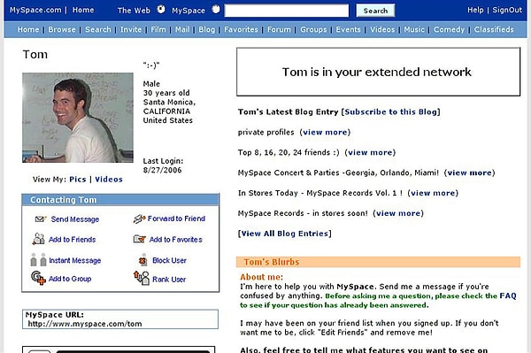 Myspace'in kuruluşunun ardında ise 2005 yılında hisselerini 580 milyon dolar karşılığında satan Tom Anderson, nam-ı diğer Myspace Tom bulunuyordu.