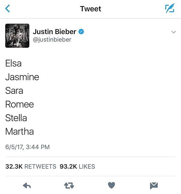 1. Justin Bieber 5 Haziran günü bir tweet attı