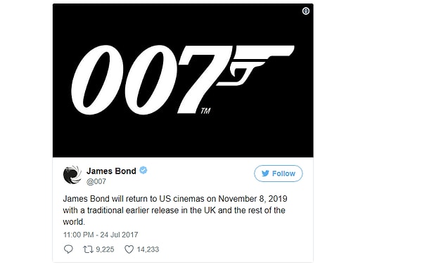 3. Но вот буквально менее суток назад на официальном Твиттер-аккаунте серии фильмов о "бондиане" появилась информация о том, что новая часть фильма о похождениях агента британской разведки выйдет на экраны 8 ноября 2019 года!👏👏👏