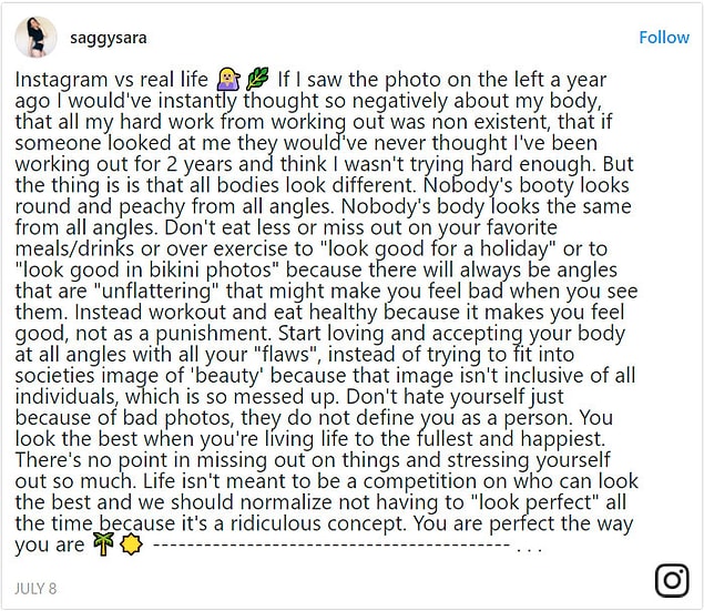 Sara bizlere Instragram'da her gördüğümüzün gerçek olmadığını hatırlatıyor.