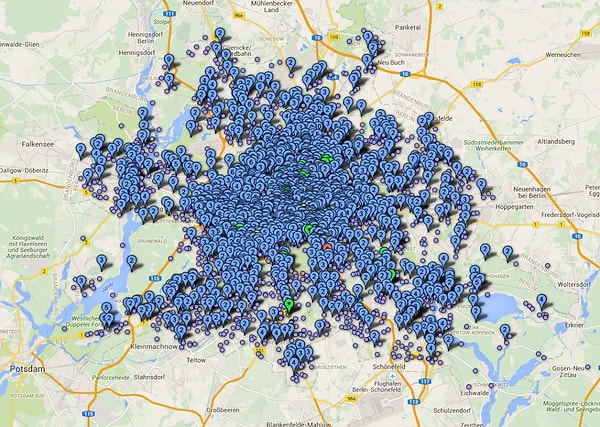 12. 2011 yılında Berlin'de gerçekleşen bisiklet kazalarının konumları: