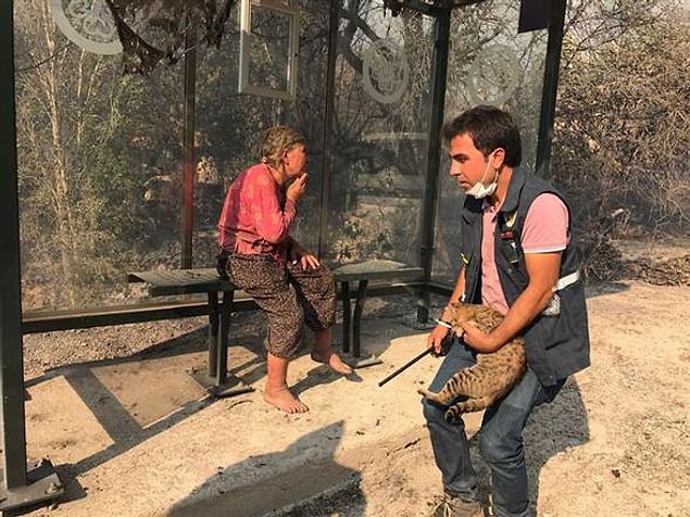 Yaşlı çift ve kedileri sağlık ekiplerinin bulunduğu alana ulaştırıldı.