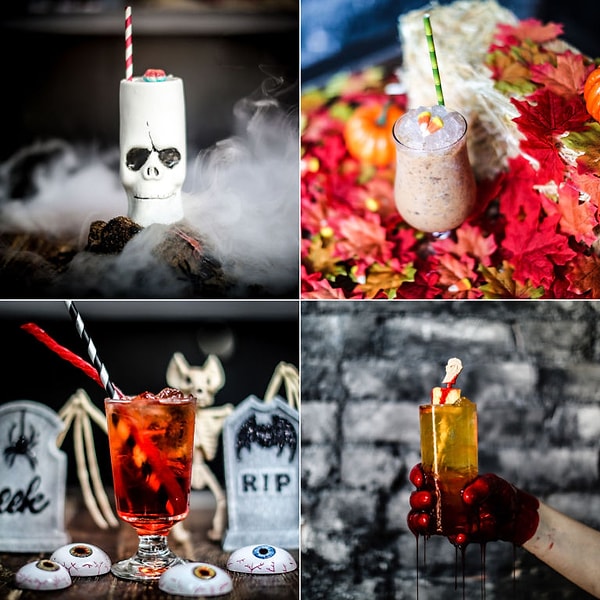 Что касается коктейлей, в баре представлено 10 напитков на тему Хэллоуина, в том числе один из которых носит название "Мозги!" (херес, бренди, ликер "Luxardo Maraschino", корично-грейфрутовая смесь, инжир и лайм). Наиболее интересные коктейли бара - «Дэвид С. Тыква» (выдержанный ром, ямайский ром, коньяк, херес, кокос, тыква), «Мертвые будут ходить по Земле» (текила и тоник из копченого ананаса) и «Битлджус, Битлджус, Битлджус!» (апероль, кампари, испанский вермут и газировка) - изображены ниже по часовой стрелке, начиная с верхнего левого угла.