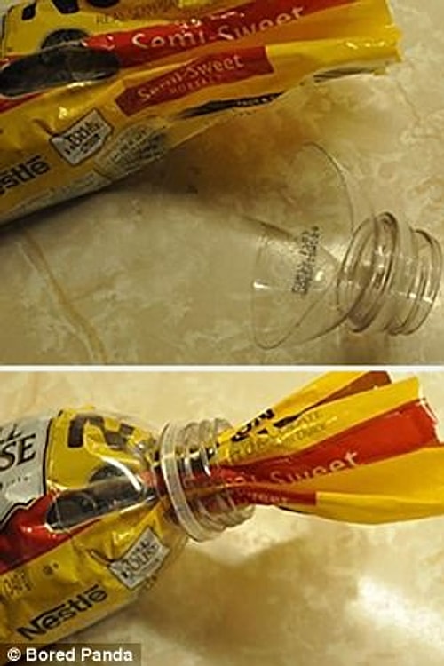 Pet şişenin uç kısmını keserek plastik ambalajlı ürünlere kapak yapabilirsiniz.