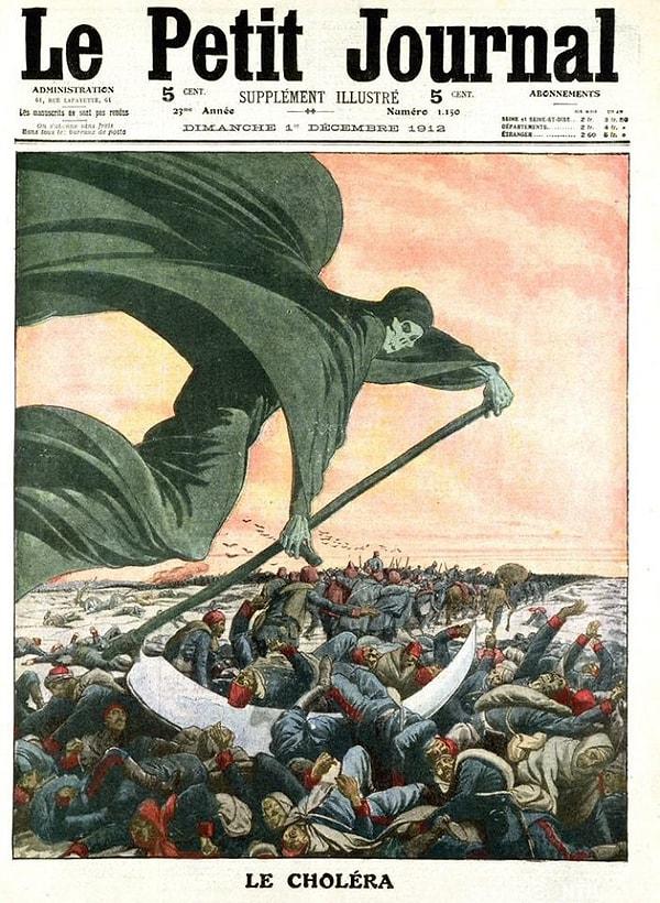 8. Fransız gazetesi Le Petit Journal'in 1 Aralık 1912 tarihli manşeti: 1. Balkan Savaşı sırasında koleranın Osmanlı ordusuna verdiği zarar.