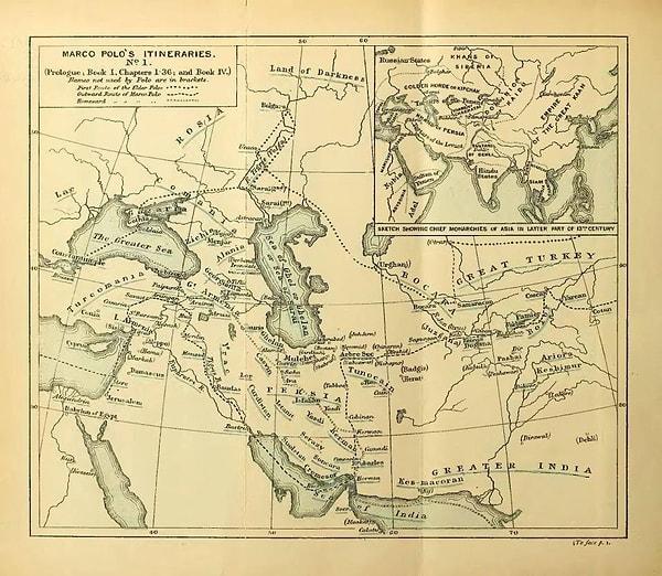 7. Marco Polo'nun (1254-1324) yer adlarını tanımlamasından yola çıkılarak oluşturulan bir harita.