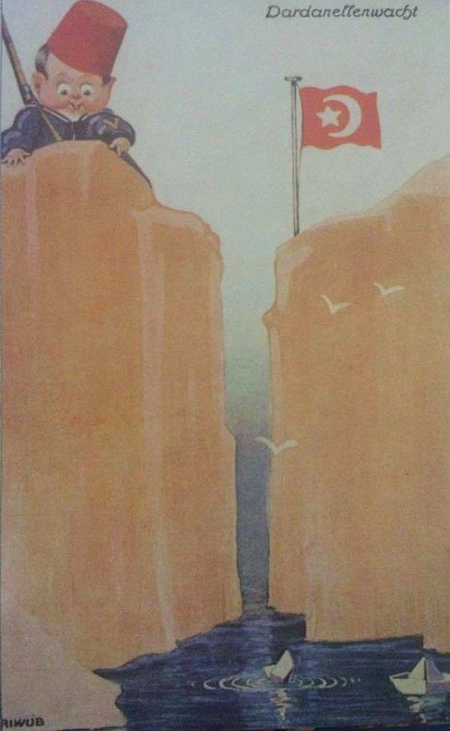 24. 1. Dünya Savaşı sırasında Çanakkale Boğazı önünde Osmanlı savunmasının aşılmazlığını anlatan o döneme ait propaganda kartı.