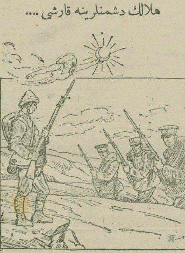 22. I. Dünya Savaşı'nın başlamasından hemen sonra Tasvir-i Efkâr gazetesinde "Hilalin Düşmanlarına Karşı" başlıklı bir resim ile Osmanlıların üç "cabbar" ve "gaddar" devlete (İngiltere, Fransa, Rusya) karşı dirilişi böyle sembolize ediliyordu.