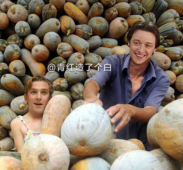 14. Дэн Стивенс и Джеймс Макэвой заготавливают тыквы перед Хэллоуином