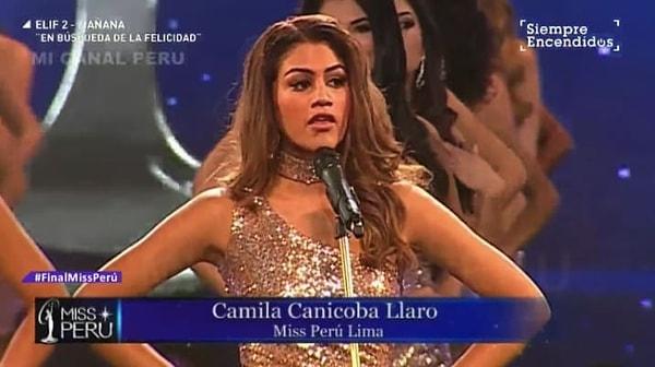 "Benim adım Camila Canicoba, Lima'yı temsilen burdayım. Ölçülerim, ülkemde son 9 yılda kayda geçmiş 2.202 kadın cinayetidir."