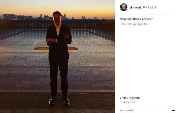 Elon Musk, bu görüşmenin ardından Anıtkabir'i ziyaret etti ve Instagram hesabından iki saat içerisinde iki fotoğraf paylaştı. İlk fotoğrafını "Atatürk Anıtkabir" yorumu ile paylaşan Musk, yüz binlerce beğeni aldı.
