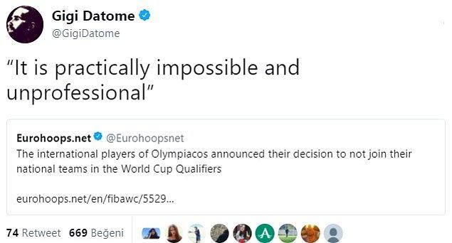 Datome, twitter hesabından Olympiakos'lu 6 basketbolcunun Dünya Kupası eleme maçlarında forma giymek istemediklerini açıkladıkları haberi paylaştı.