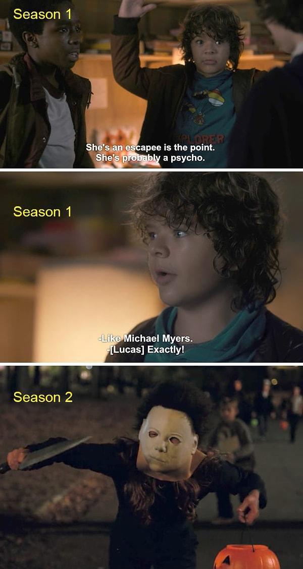 7. 1. sezonda, Dustin ve Lucas Eleven'ın akıl hastanesinden kaçmış bir hasta olduğunu düşünüyorlar, tıpkı Cadılar Bayramı karakteri Michael Myers gibi.