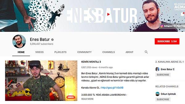 Enes Batur Türkiye'nin en popüler Youtuber'larından biri. 5,5 milyonu aşan abone sayısı ve aldığı milyonlarca görüntülenmeyle kendi alanında öne çıkan fenomenlerden.
