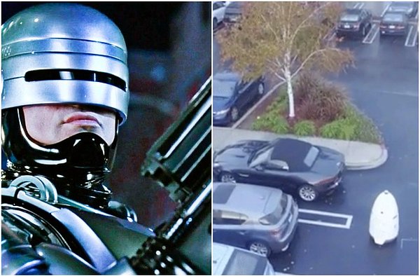 3. Solda gördüğünüz klasik film Robocop'tan bir kare, sağda ise Knightscope firmasının yaptığı güvenlik robotu  Google otoparkını koruyor.