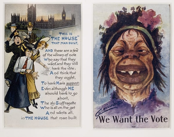 3. Выпускали даже вот такие открытки, на которых феминисток изображали неженственными, похожими на обезьян и даже писали о них отвратительные стишки