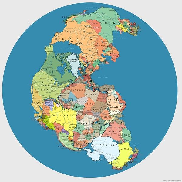 200 milyon yıl önce Pangea adındaki devasa kıta parçalanıp ayrılmasaydı, günümüzdeki ülkeler bu şekilde konumlanmış olacaktı: