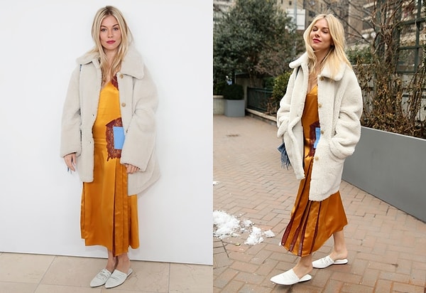 11. Необычная комбинация желтого платья и плюшевого пальто снова заставила многих обсуждать интересный стиль Сиенны Миллер.