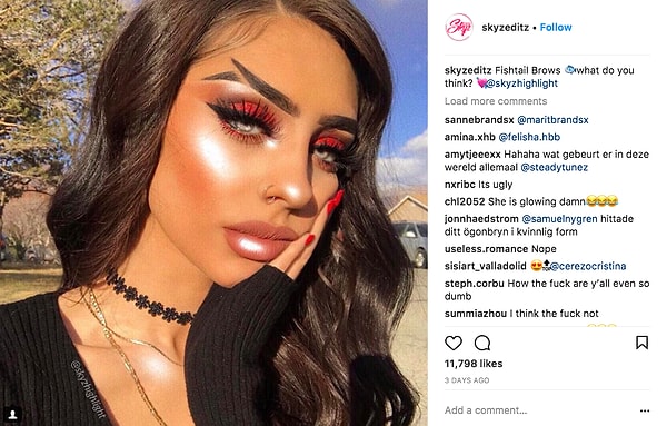 2. Позже выяснилось, что фотографии с бровями в виде рыбьего хвоста в Instagram-профиле Худы Каттан — фейк, созданный в фоторедакторе, но других девушек это ни чуть не смутило.