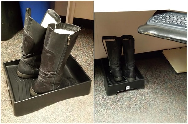 5. Используйте поддон для краски в качестве подставки для обуви, чтобы грязь с неё не текла на пол и уж тем более на ковер.