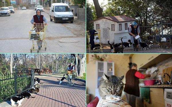 Antalya Lara'daki bu ablamız ise he sabah 7'de yola çıkıyor ve 5 kilometrelik güzergahtaki 300'den fazla kedi ve 20'den fazla köpeği besliyor.