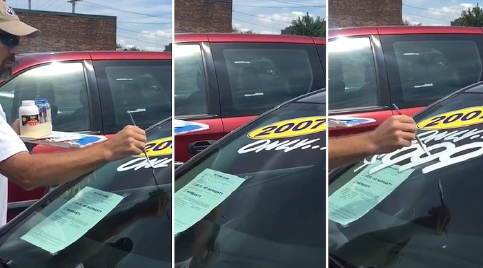 İzlemesi Aşırı Keyifli Şeylerde Bugün: Araç Camına Fırçayla Yazı Yazan Adam