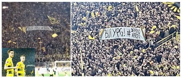 Borussia Dortmund - Eintracht Frankfurt maçında kale arkası tribününde "Biji YPG #DefendAfrin (Yaşa YPG! Afrin'i savunun)" yazan bir pankart açıldı.