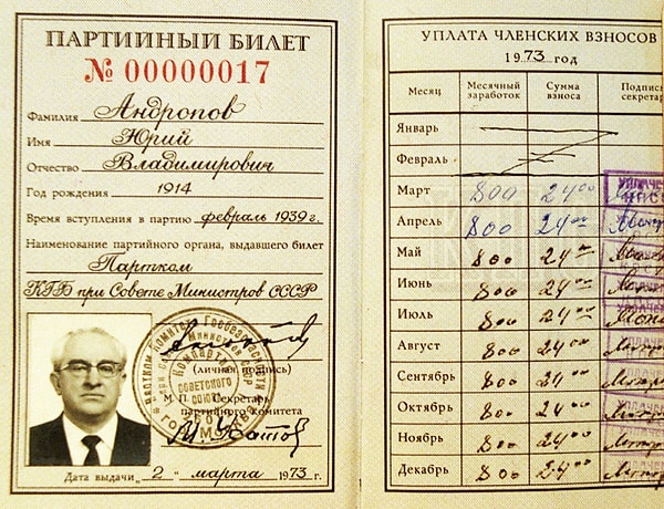 5. Юрий Владимирович Андропов на партийном билете