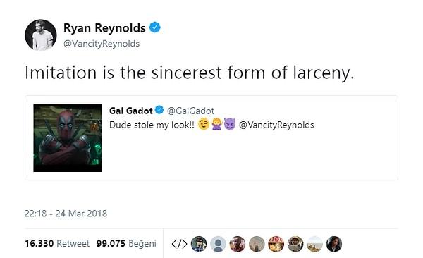 Sosyal medyayı bu denli aktif kullanan Ryan Reynolds'ın Gal Gadot'a bir cevap vermesi bekleniyordu, öyle de oldu.