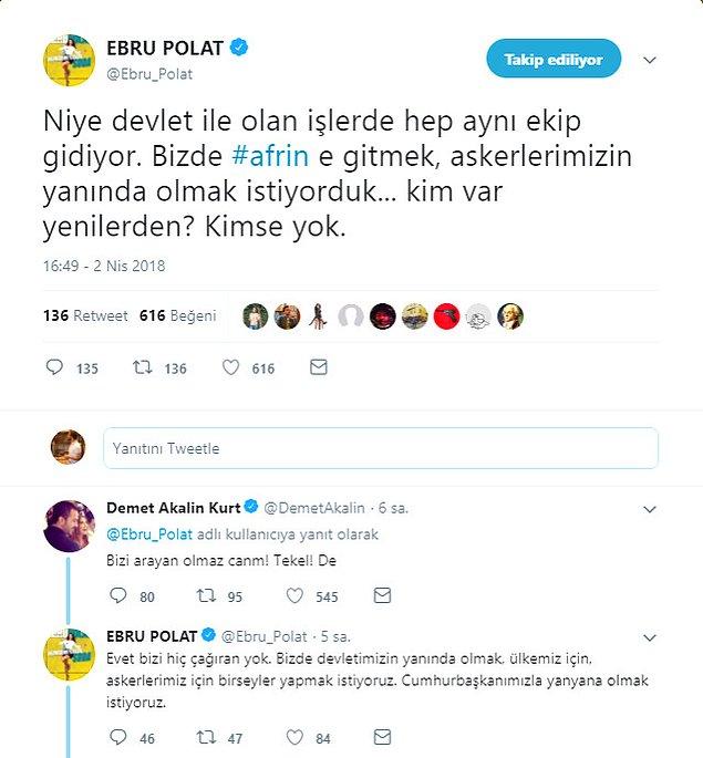 Tam o sıralarda Ebru Polat, Twitter hesabından "Neden bizi kimse çağırmıyor da hep aynı ekip gidiyor?" diye bir tweet attı.