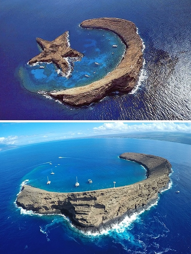 Ay yıldız olduğu iddia edilen Molokini Adası, Hawaii'de yer alıyor. Fakat aslında altta gördüğünüz gibi sadece bir hilalden oluşuyor.