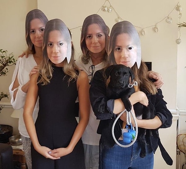 5. «В моей семье появился новый щенок, но так как я живу далеко, я сделала всем маски с моим лицом, которые они должны носить хотя бы раз в неделю, чтобы собака меня не забыла»