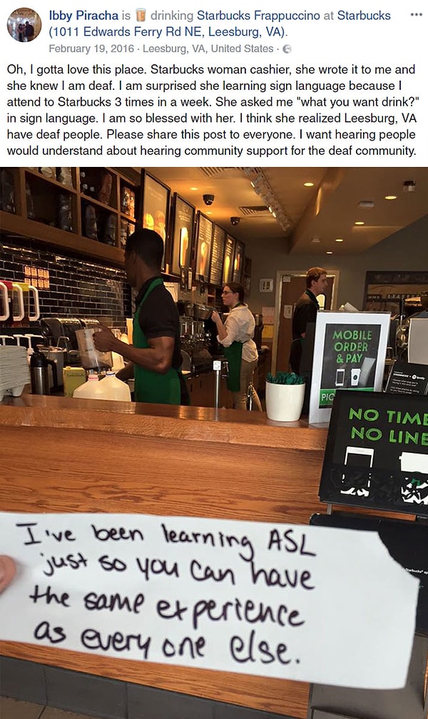 15. Официантка из Старбакс выучила язык жестов, чтобы глухонемые клиенты не чувствовали себя в их кафе ущемленными.