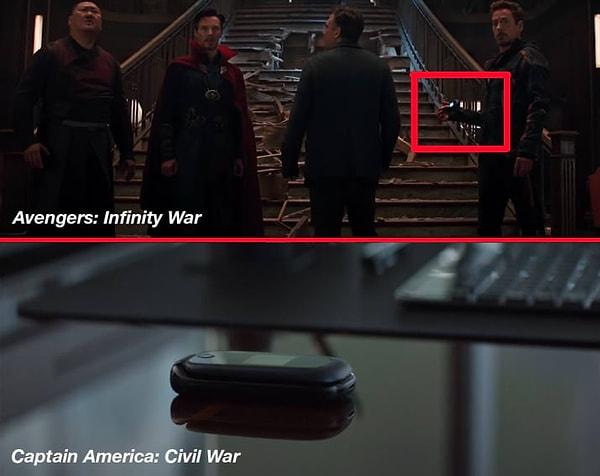 8. Tony Stark'ın kullandığı eski model kapaklı telefon, Steve Rogers'ın ona Sivil Savaş filminin sonunda bıraktığı telefondu.