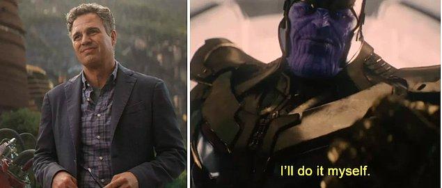 13. Bruce Banner, içinden Hulk'ı çıkaramadığında "Ben kendim hallederim" diyor. Aynı cümleyi Thanos, Ultron Çağı'nda jenerikten sonraki sahnede söylüyor.