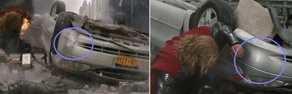 7. В "Мстителях" вмятина на машине волшебным образом пропадает в следующем кадре...