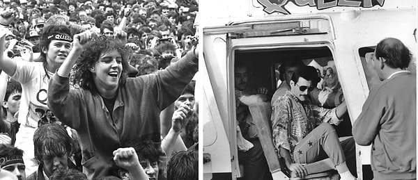 19. Слева: фанаты группы в замке Слейн, Ирландия, 7 мая 1986 года. Справа: Фредди прибыл на фестиваль Кнебворс на вертолете 9 августа 1986 года.