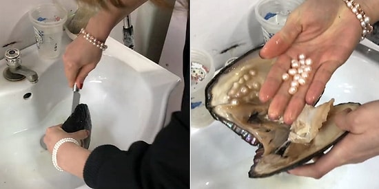 İçi İnci Dolu Devasa İstiridyeyi Açan Kadın